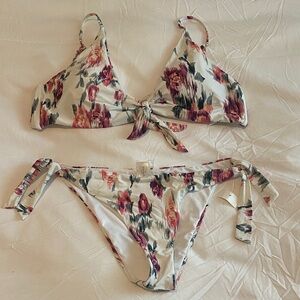 Tie-Front Floral Bikini Set - White with Pink & Purple Floral